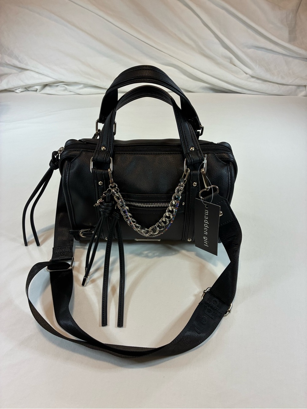 Madden Girl Black Faux-Leather Crossbody Satchel with Chain & Tassels